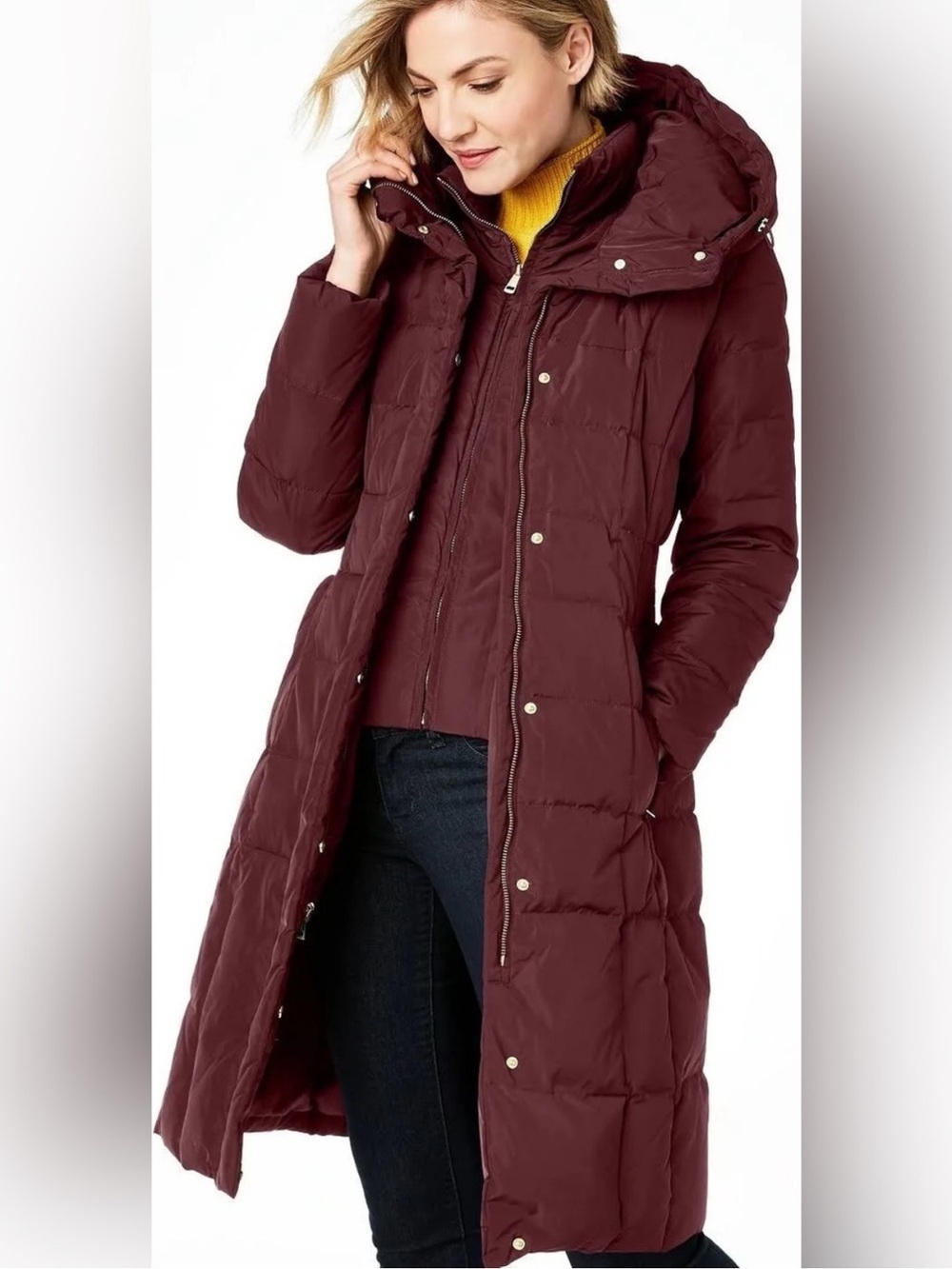 Cole Haan Signature Duck Down Puffer Coat in Merlot Small inner bib warm hooded